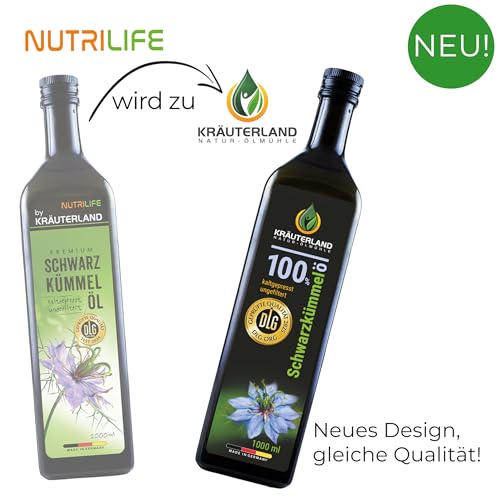 Kräuterland Schwarzkümmelöl 1L (1000ml), ungefiltert, Kaltgepresst, 100% Nigella Sativa, ohne Zusatz von Aromen, Frabstoffe & Konservierungsstoffe - direkt aus unsrer hessischen Ölmühle