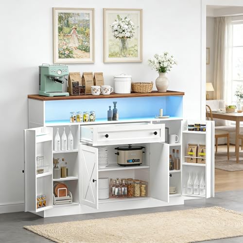 La Mejor Lista de Armarios y aparadores - los preferidos. 50 Owii 55' Aparador,Armario de Cocina,Buffet de Cocina Estilo Rural con Tomacorrientes y LED,Sideboard Grande con Cajones y Estantes Ajustables, Estación de Bar de Café para Sala...