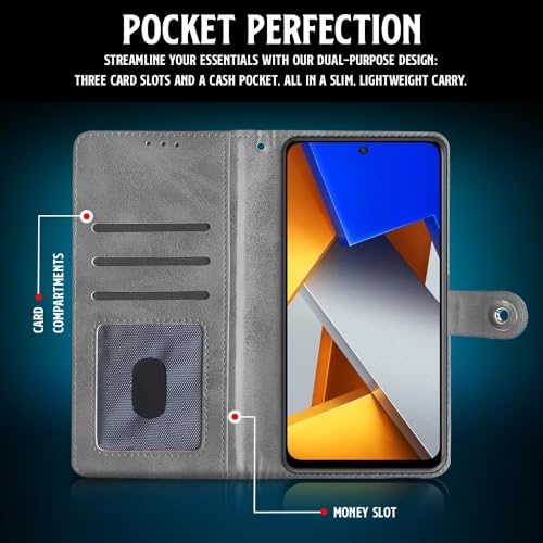 Image of WOW IMAGINE Shock Proof Flip Cover Back Case for Redmi Note 11T 5G | Poco M4 Pro 5G (Magnetic Button Flip Case | Wallet Pockets & Stand | Leather Finish | Stone Grey)