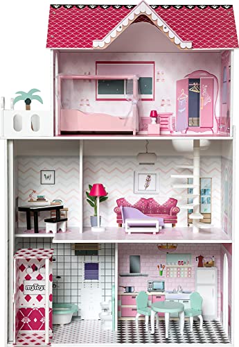 myToys ORIGINALS Puppenhaus mit 13 Möbeln, pink, 5 Zimmer und Treppe, manuell betriebener Aufzug und Balkon, mit 13… – Bild 6