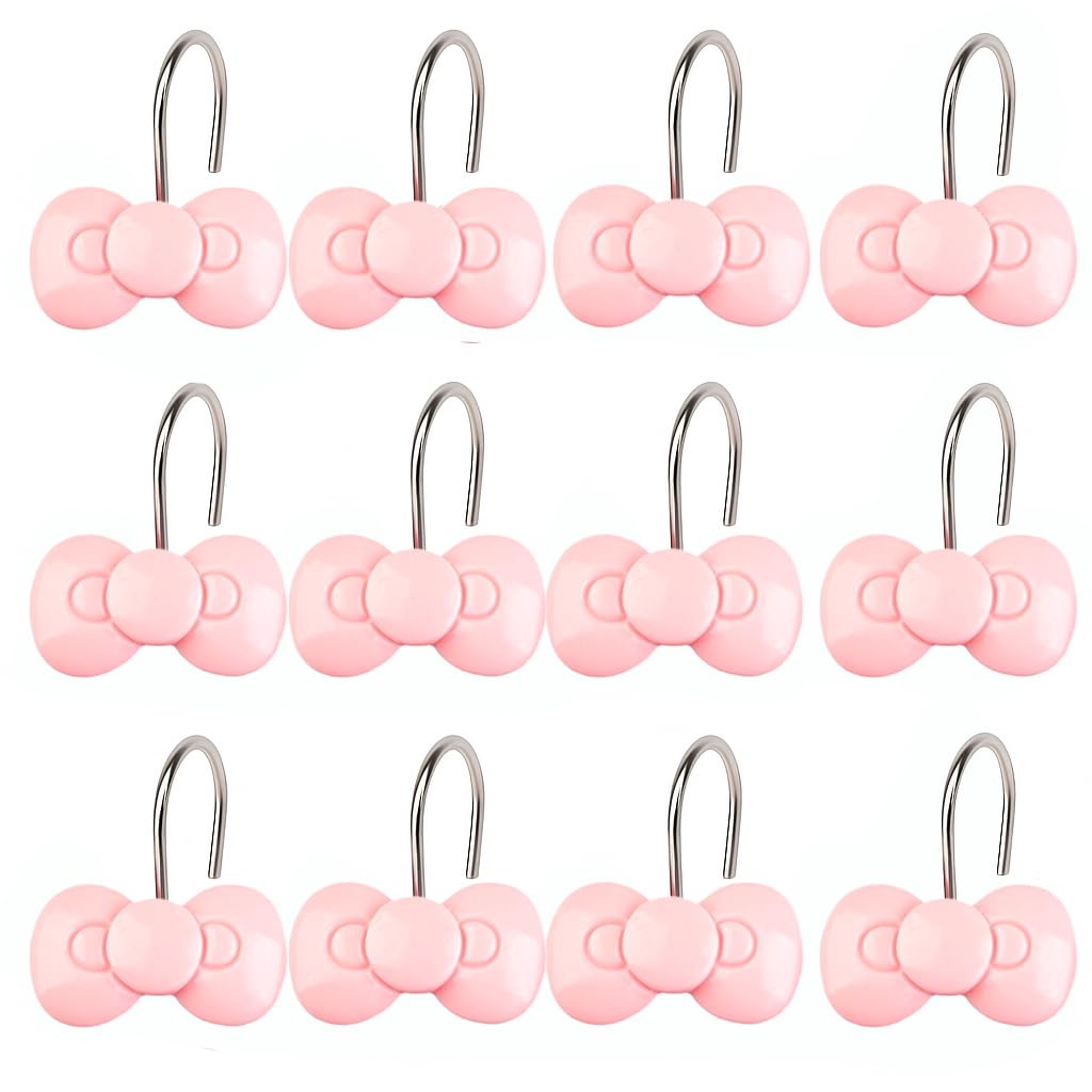 Rideau de douche sublimé par 12 crochets nœud rose pour une décoration de salle de bain cocooning