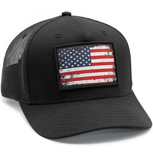 Image of MASHBILL Trucker Hat with Distressed American Flag Patch - Adjustable Snapback Patriotic Cap for Men Women