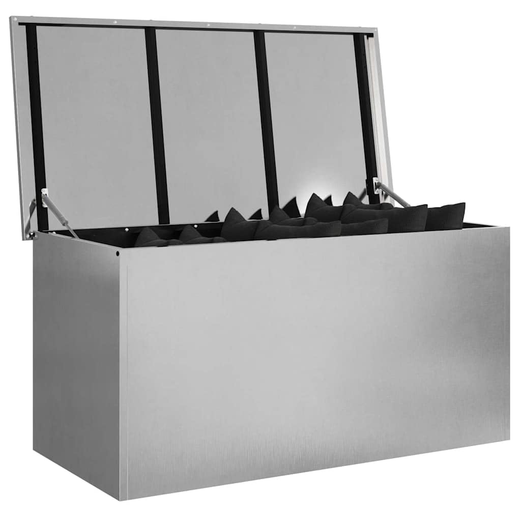 Contenitore metallico per cuscini da giardino, in acciaio, 100 x 50,5 x 50 cm, colore argento, resistente alle intemperie, con sollevamento a gas, salvaspazio, impilabile, versatile, per