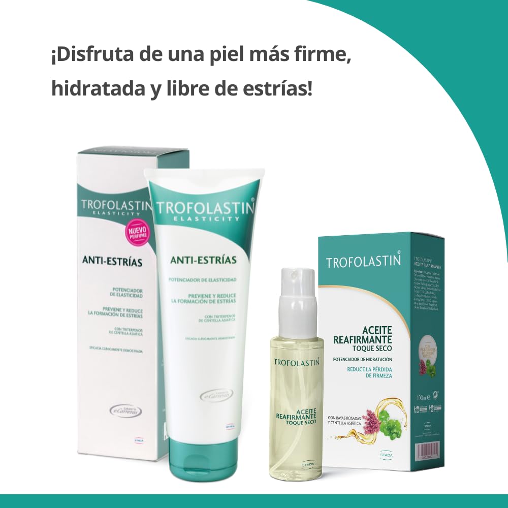 Trofolastin – Pack crema antiestrías 200ml + Aceite reafirmante 100 ml – Previene y reduce la formación de estrías Centella asiática – Embarazo, adolescentes y deportistas