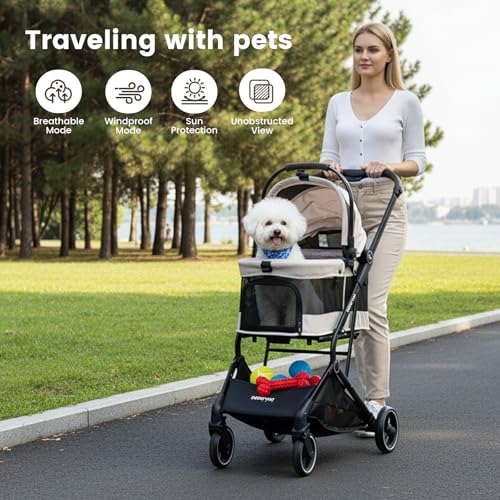 Image of T3 Small Dog Stroller (Beige) | Detachable Carrier, Easy Assembly, Aluminum Alloy Frame, Larger Rear Wheels, Breathable Fabric, One-Touch Braking
