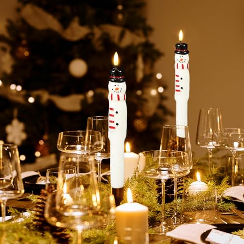 Image of Christmas Taper Candles, LED Flameless Taper Candles with Timer, 2 Pcs Christmas Snowman Flameless Candlesticks with 3D Flame, Christmas Decorations for Home Decor(0.79 inch x 11.4 inch)