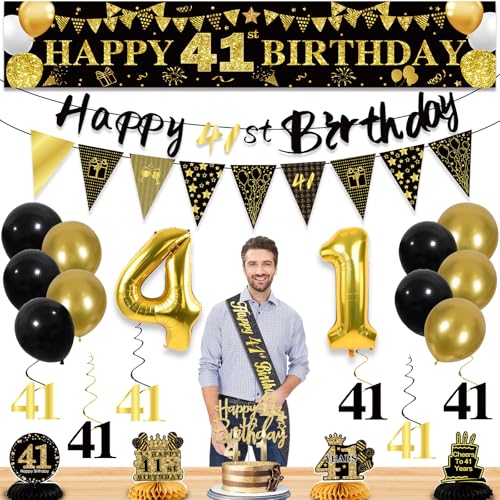 Image of 41st Birthday Decorations for Men, Black Gold 41st Party Decoration Kits | 27pcs Happy 41st Birthday Set: Banner, Honeycomb, Balloons, Gold Number, Candle, Hanging Swirls, Cake Topper, Party Supplies