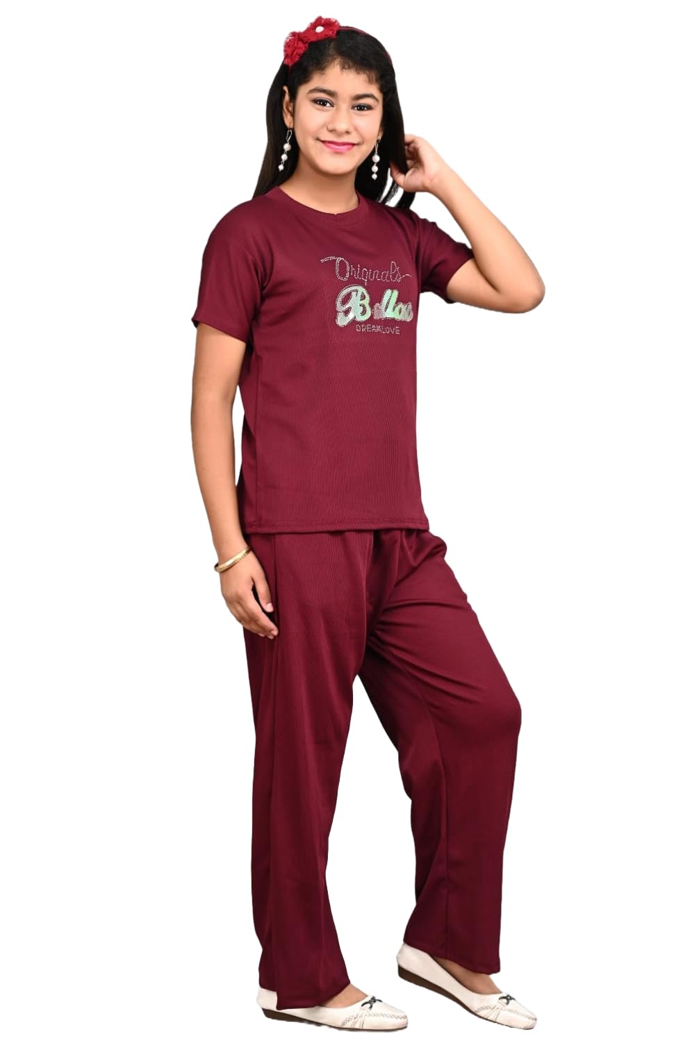 ORIEX THE ORIGINAL FASHION FASHIOFFLY Girls Stretchable Fabric Printed Night Suit-125 Maroon 13-14Y 1