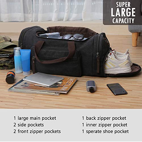 Toupons Travel Duffel Bag for Men with Shoe Compartment Canvas Overnight Bag Weekend Bag (Black With Shoe Bag)