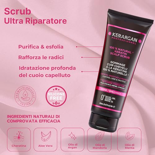 Kerargan - Duo Maschera E Scrub Capillare Alla Cheratina Per Capelli Danneggiati E Stressati - Nutre, Esfolia E Protegge - Senza Solfati, Ogm, Oli Minerali - 500Ml + 250Ml - 4