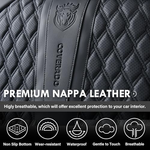 Image of Coverado Car Seat Covers Full Set, Black Seat Covers for Car with Lumbar Support, Nappa Leather Seat Covers Waterproof Car Seat Protectors Universal Fit for Most Cars SUV Trucks