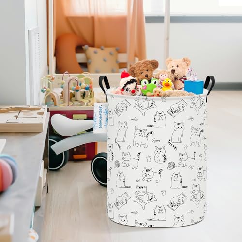 Image of Round Laundry Basket Collapsible Storage Hamper Organizer Cat | Waterproof Canvas Foldable Baskets with sturdy Handles Multi-scene Organizer for Home Play Bedroom Gift Bin