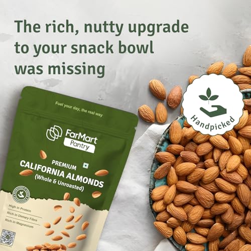 Image of FarMart Pantry Premium California Almonds (Whole & Unroasted)| 500g Pack | Handpicked, High in Protein, Rich in Fibre & Magnesium | 100% Natural & Crunchy Dry Fruits |