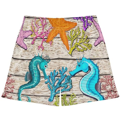 Girls Athletic Lounge Shorts Colorful Sea Creature Seahorses Print Comfy Summer Pajama Activewear, X-Small