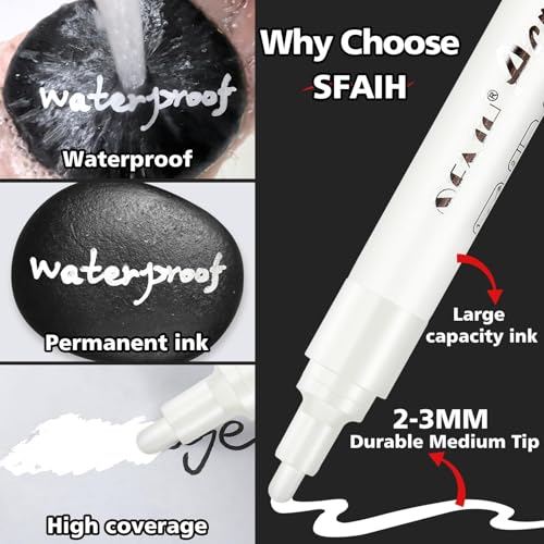 Image of SFAIH White Paint Markers Pens - 4 Pack 2-3MM Medium Tip Acrylic White out Markers for Rock Painting, Wood, Metal, Fabric, Plastic, Canvas, Glass, Ceramic, Diy Crafts, Drawing, Tire, Correction