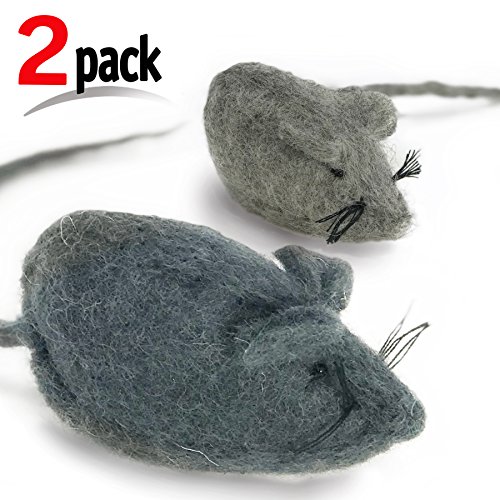 iPrimio Deluxe 100% Solid Merino Wool Mouse 2 Pack - Dark Gray and Light Gray Cat Toy, Soft Felt Mice That are Hand Made. Deluxe Teaser Play Toy with Tail. Super Safe Wool Stuff Filled. Large Size