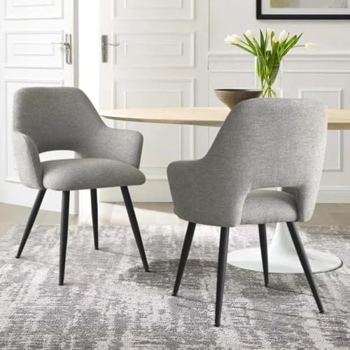 Image of Finch Fox Motel Luxurious Home Collection Upholstery Fabric Arm Dining Room Chairs in Light Grey Color with Black Metal Powder Coated Legs (Set of 2)