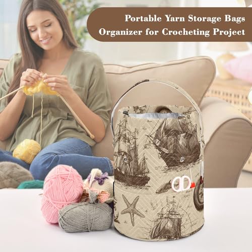 Image of Tatenale Crochet Bag Yarn Bag Knitting Project Bag with Pockets and Handle Portable Yarn Storage Organizer Tangle Free 8.3x11 InchVintage Brown Sailing Ships Starfish Anchor31