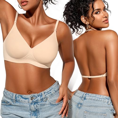 Low Back Bra for Women Wireless, Backless Low Cut V Neck Bralette, Invisible No Show Multiway Convertible Halter Bras, Skin-02, M