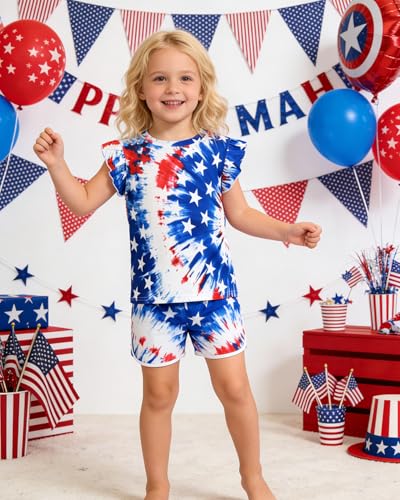 Image of Toddler Girls July 4th Shirts American Flag Ruffle Short Sleeve Patriotic Red White Blue Star Outfits Blouse Tops