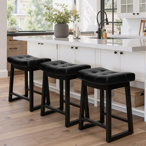 Image of Counter Height Bar Stools Set of 3, 24 Inch Backless Upholstered Leather Counter Stools with Wood Legs, Modern Farmhouse Saddle Stools for Kitchen Island, Home Bar, Black