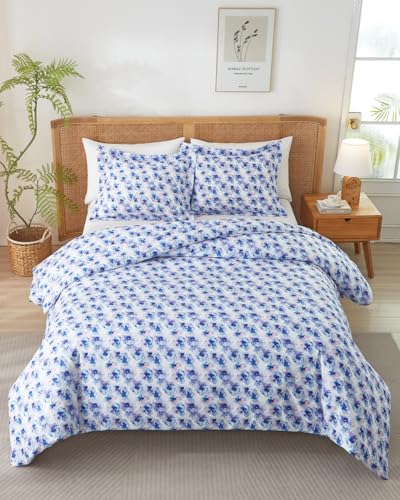 Image of Duvet Cover Cal King Size Set - Extra Soft Floral Duvet Cover 104 x 98 with 2 Pillow Shams - Comfy, Breathable Floral Bedding Set - Hotel Luxury & Fade Free w / Zipper Closures & Ties - Blue Hydrangea