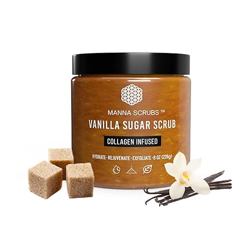 MANNA - Exfoliante corporal de azúcar de vainilla infundido con colágeno natural exfoliante de sal para acné celulitis limpieza profunda cicatrices