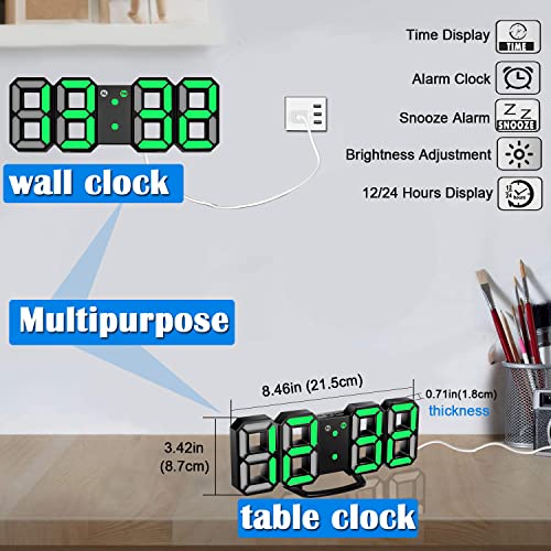 Eaagd 3D Led Digital Alarm Clock, 8.4" Large Display Alarm Clocks For Bedrooms, With 3 Adjustable Brightness Levels Desk Alarm Clock For Home Office (Black/Green) #TOP4