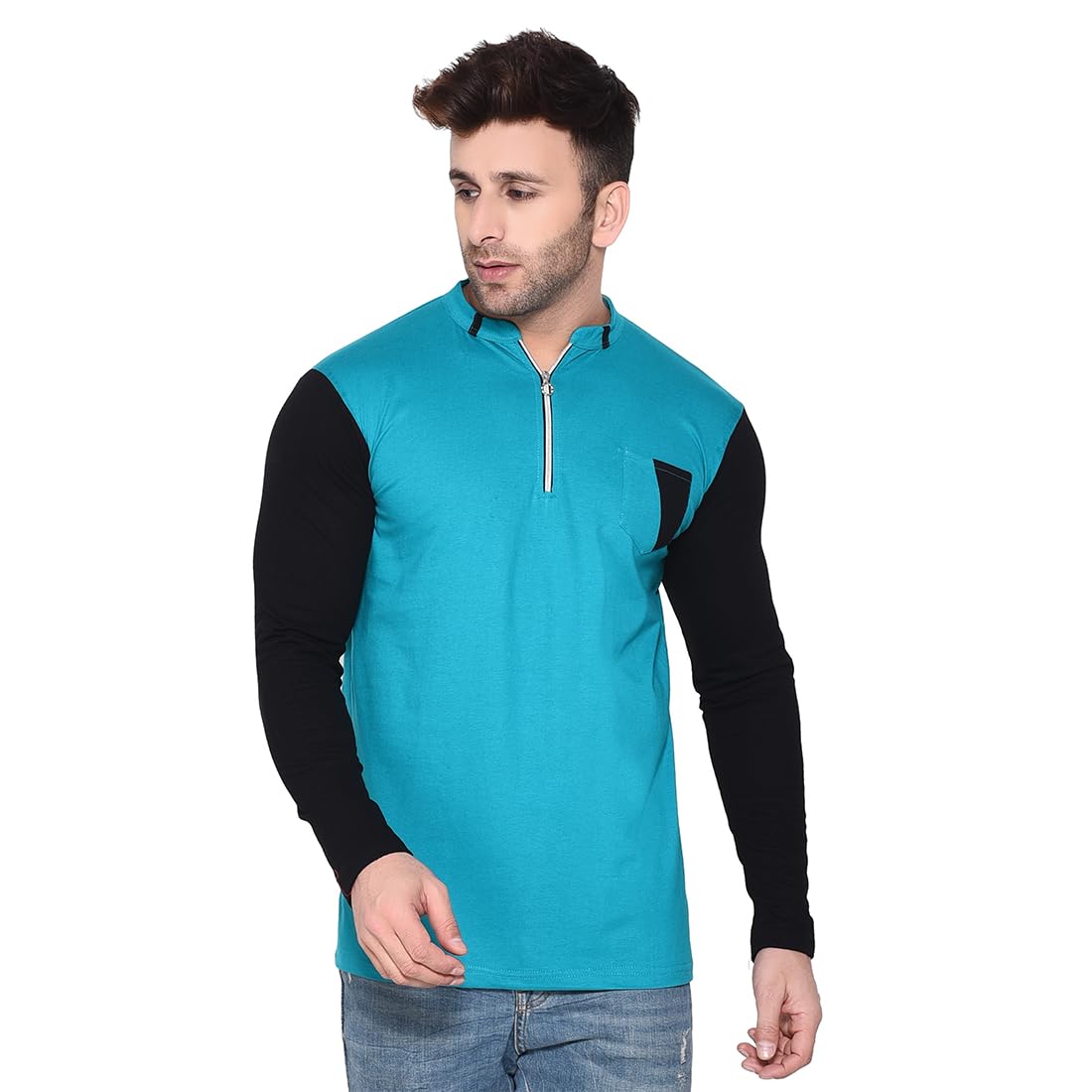 tfurnish Men's Full Sleeve T-Shirt with Zip Neck and Contrast Pocket | Stylish Slim Fit Casual Tee-picture-24
