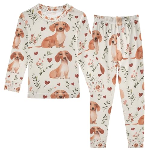 senya Cute Dachshund Flower Pajamas Set Long Sleeve Soft Cotton Sleepwear 2 Piece