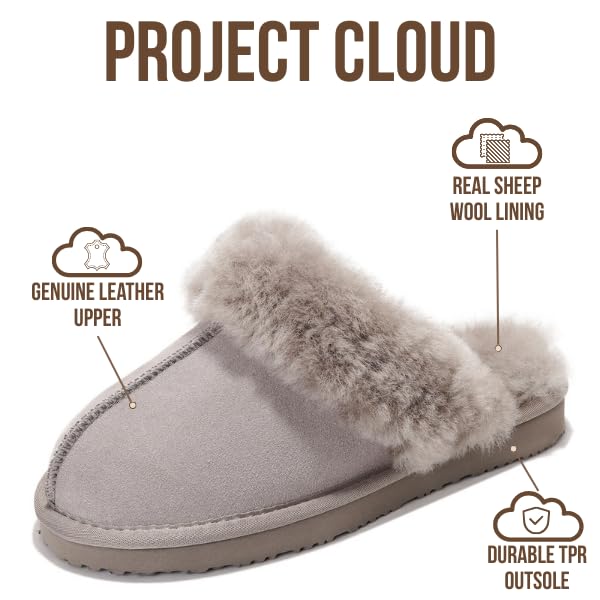 Project Cloud Genuine Leather Slippers for Women Footwear with Real Sheep Wool Lining Womens Clogs & Mule - Non-Slip Indoor/Outdoor Scuff Womens Slippers with Memory Foam Insole (Henka)