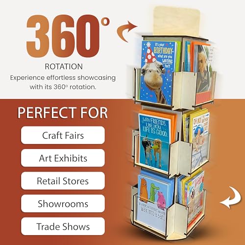 Rotating Greeting Card Display Stand, 3 Tier Wooden Organizer, 4-Sided Display Rack Spinning Multi-Pocket Display for Coasters, Stickers, Retail, Tradeshow - A4, A6, A7, 5\"x7\", 4 bar (Natural)