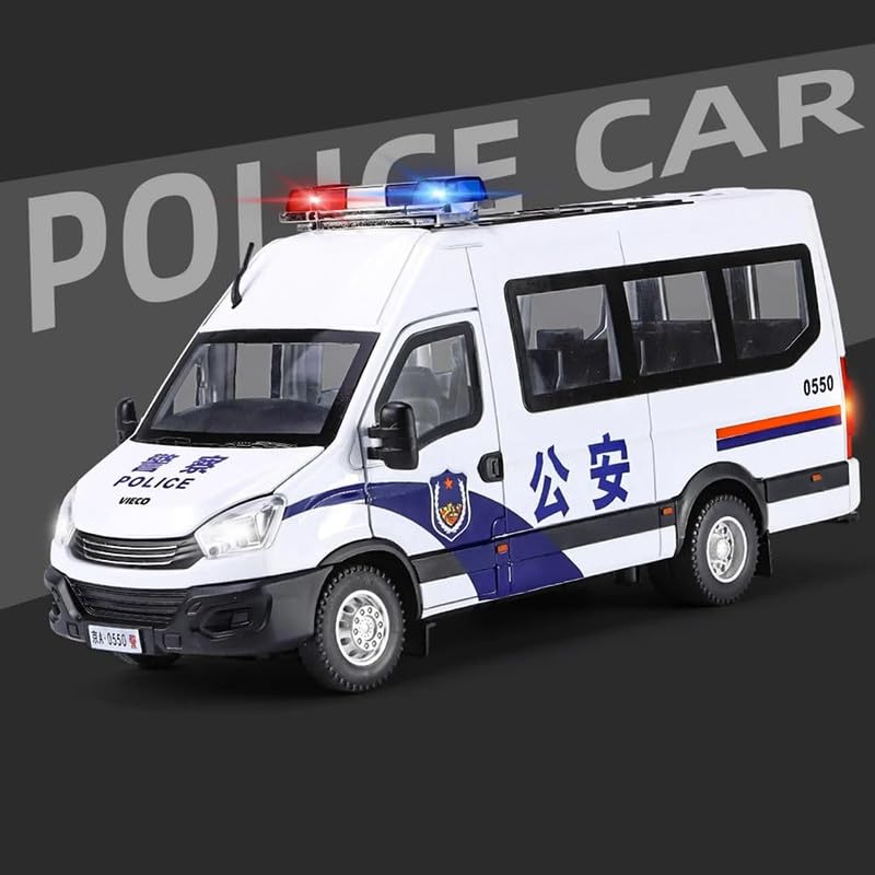 Image of Kids Model 1:24 Van Police Die Cast Metal Car Pull Back Action Opening Doors with Realistic Engine Sound Lights Toy Car Gift for Boys - White
