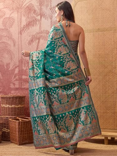 Image of Satrani Women's Crepe Foil Printed Weaving Banarasi Saree with Unstitched Blouse Piece