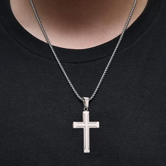 Cross Necklace for Men, Stainless Steel Black/Silver Cross Pendant Religious Necklace Christian Jewelry Chain 60 cm/23.6 inches4