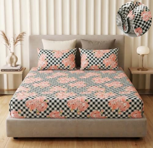 Image of VAS COLLECTIONS King Size Cotton Fitted Bedsheet (78 x 72 + 14 Inches) with Deep Pocket | 220 TC Soft Breathable Wrinkle Free Elastic Bed Sheet for King Mattress | (Pink Flower)