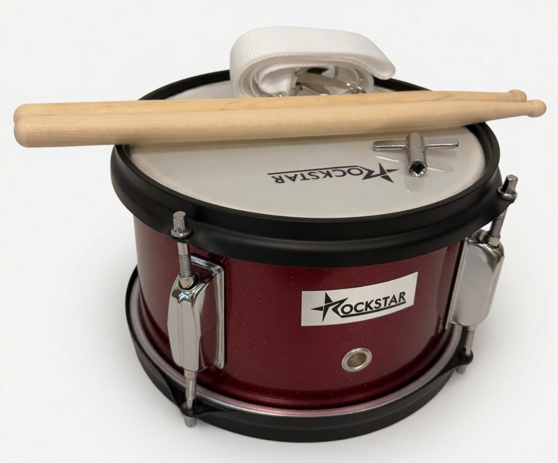 ROCKSTAR - Tambor de Madera Afinable SMD-0805WR 8" x 5" (20 x 12,7 cm) Caja de Marcha, Instrumento de Percusión con Bordón Ajustable, Correa y Baquetas Incluidas. Vino metalizado.