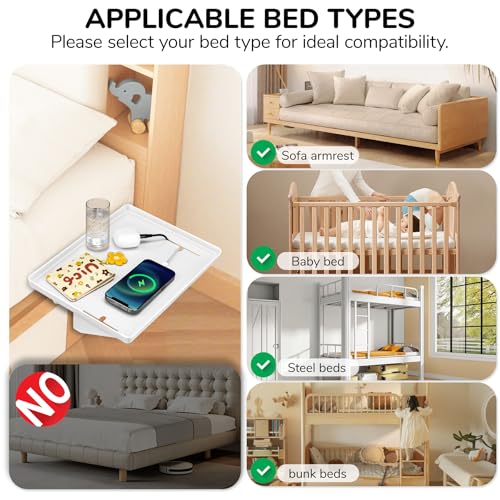 Bedside Shelf for Bunk Beds & Top Bunk, College Dorm Room Essentials & Kids Room - Clip On Dorm Nightstand with Cable Catch, Holds 35lbs, White