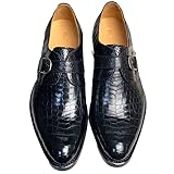 Authentic Real Crocodile Skin Businessmen Black Brown Dress Shoes Genuine Exotic Alligator Leather Male Monk Strap Dress Oxfords (Black, Adult, Men, 9.5, Numeric, US Footwear Size System, Medium)