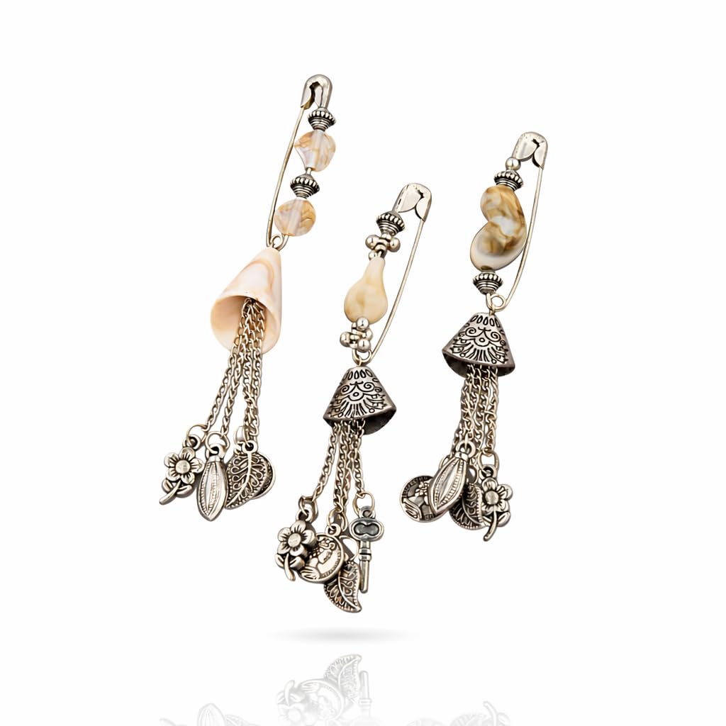 gc premium jewellery Oxidized Plated Floral Leaf & Bell Charm Saree Pin Combo Set for Women & Girls | Traditional Hanging Tassel Pallu Pins | Safety Clasp (Set of 3)-picture-31