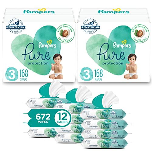 Pampers Pure Protection Disposable Baby Diapers Size 3, 2 Month Supply (2 X 168 Count) With Aqua Pure Sensitive Baby Wipes, 12X Pop-Top Packs (672 Count) #TOP28