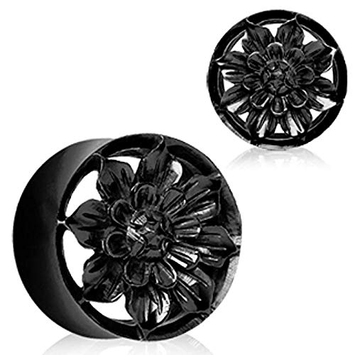 Covet Jewelry Organic Black Buffalo Horn Flesh Tunnel Plug with Carved Dahlia Flower