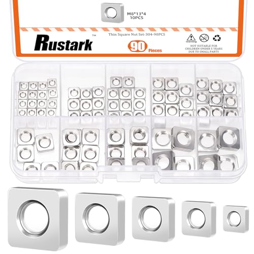 Rustark 90Pcs M3 M4 M5 M6 M8 304 Stainless Steel Square Nuts Assortment Kit, Metric Coarse Thread Machine Square Nuts for Mechanical Electronic Equipment