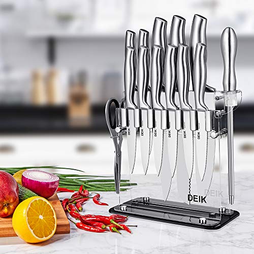 DEIK Knife Set High Carbon Stainless Steel Kitchen Knife Set 14 PCS, Super Sharp Cutlery Knife Set with Acrylic Stand and Serrated Steak Knives