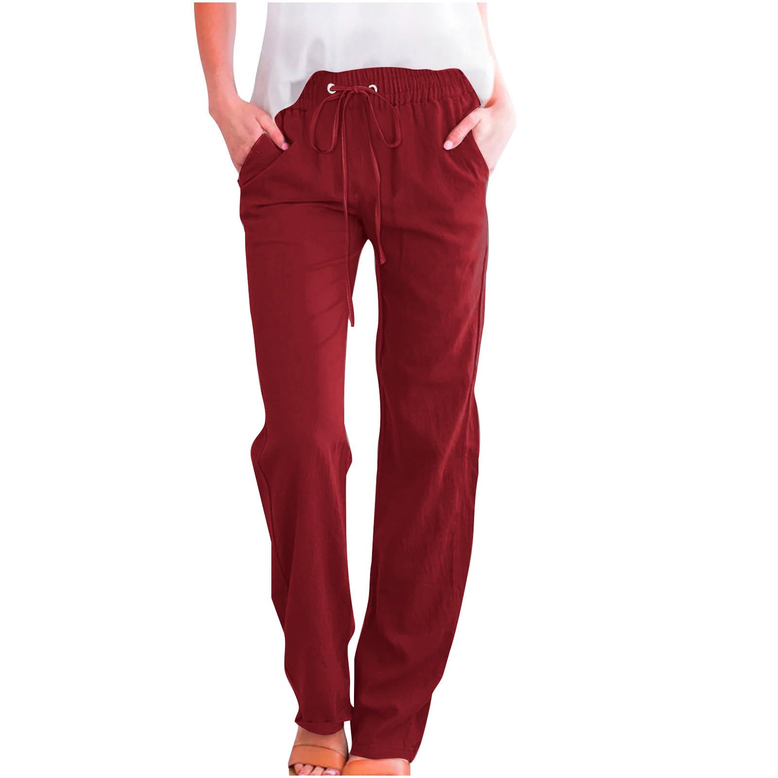 Linen Pants Women Cotton Linen Pants High Waisted Casual Pants Plus Size Summer Lightweight Lounge Long Trousers