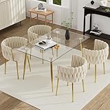 HAIZAO Gold Glass Dining Room Table Set for 4, 51'' Modern Luxury Rectangular Dinner Table Set, 5 PCS Clear Glass Top Minimalist Kitchen Table Set, Ivory Woven Dining Chair for Home Small Place