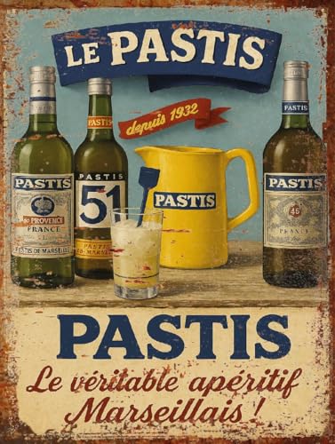 Plaque Métal Vintage Pastis – Affiche Publicitaire Apéritif Marseillais – Déco Murale Bar, Cuisine ou Salon (15x20cm)