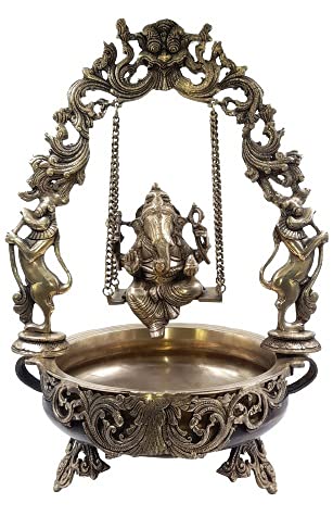 aditi crafts Brass Ethnic Carved Ganesha Design Brass Decor Urli Decor Bowl baze 56mx 31cmx 39 cm, Standard (acgururlgn1)