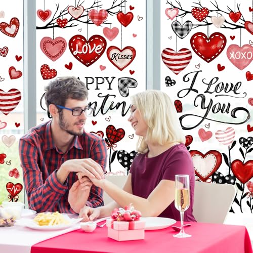 Heirloom Haven 6 Sheets Valentine's Day Window Clings Stickers, Oil Painting Red Black Pink Heart Window Decals Happy Valentine Stickers for Wedding Party Home Office Glass Window Decorations