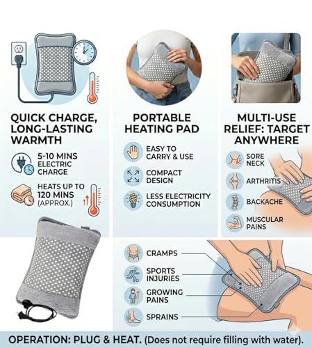 Image of Hot Water Bag Heating Bag Gel hot Water Bag hot bags for pain relief hot water bags electric hot pack heat pad electric for pain relief electric heating pad for back pain Men & Women with Charging Cord (Multicolour)